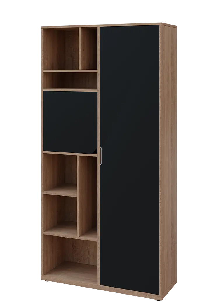 KSR6-83 P skříň šatní, 1x výsuvné ramínko, dvířka, niky, 2053x1022x400 mm, provedení pravé, dub bardolino/černá